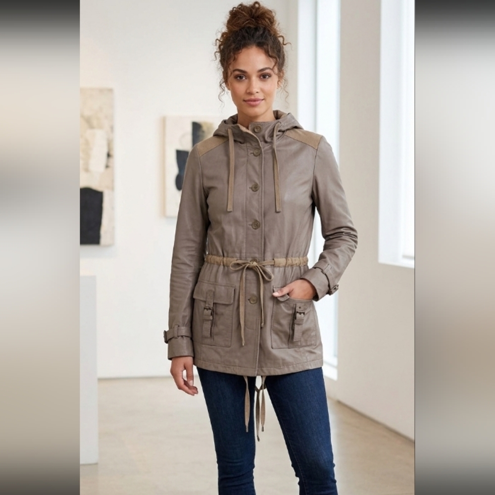 Illia leather cotton utility fishtail drawstring jacket sz M
